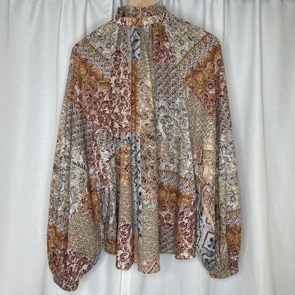 Witchery Santorini Print Raglan Blouse Top Size 14 Balloon Sleeve Cotton Boho - Picture 3 of 16
